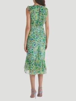 Aisha Ruffled Floral Silk Midi-Dress