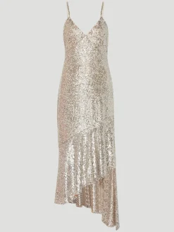 Asymmetric Sequined Tulle Midi Dress