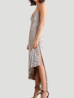 Asymmetric Sequined Tulle Midi Dress