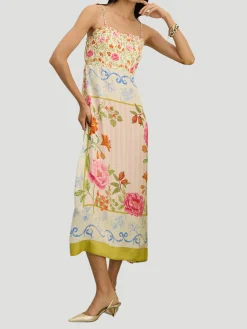 Bandeau Silk Midi Dress in Printed Peony