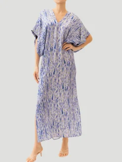 Beatriz Blue Feather Print Silk Kaftan Dress