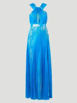 Blue Pleated Metallic Halter Midi Dress