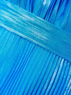 Blue Pleated Metallic Halter Midi Dress