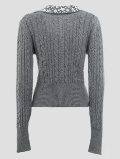 Cable-Knit Wool-Blend Polo Sweater with Crystal Embellishments