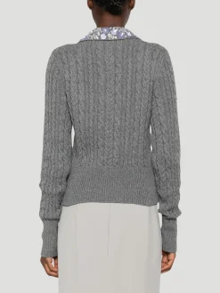 Cable-Knit Wool-Blend Polo Sweater with Crystal Embellishments