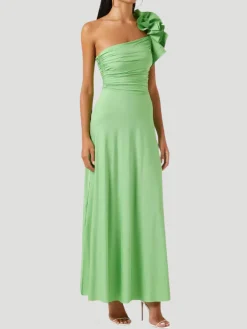 Celia One Shoulder Ruffled Maxi Dress in Green