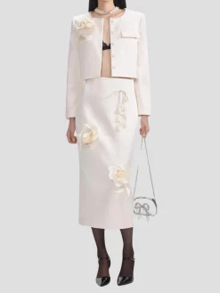 Cream 3D Flower Satin Jacket