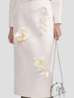 Cream 3D Flower Satin Midi Skirt