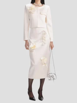 Cream 3D Flower Satin Midi Skirt
