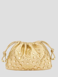 Drawstring Pouch Gold Studs in Light Gold Metallic Nappa