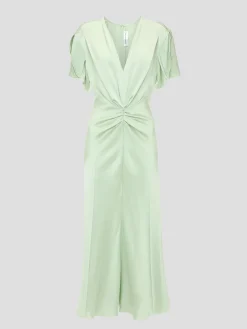 Gathered V-Neck Midi Dress in Jade