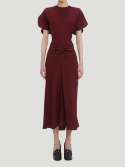 Gathered Waist Midi Dress in Port