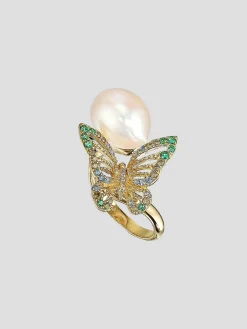 Gold Butterfuly Pearl Ring