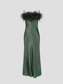 Green Boheme Feather-trimmed Satin Maxi Dress