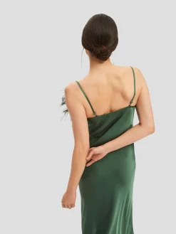 Green Boheme Feather-trimmed Satin Maxi Dress