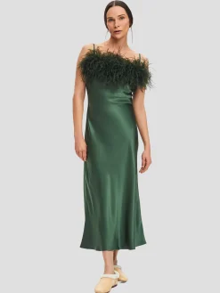 Green Boheme Feather-trimmed Satin Maxi Dress
