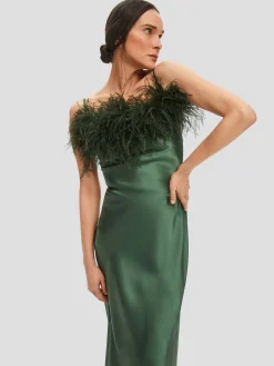 Green Boheme Feather-trimmed Satin Maxi Dress