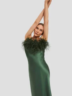 Green Boheme Feather-trimmed Satin Maxi Dress
