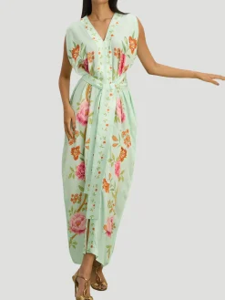 Hand Draped Printed Silk Satin Kaftan in Aqua