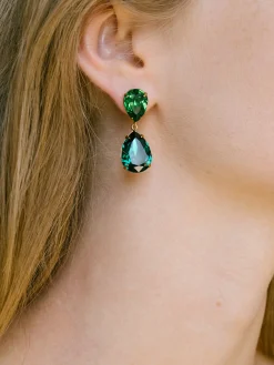 Judy Emerald Gold Plated Double Pear Cut Swarovski Crystal Drop Earrings