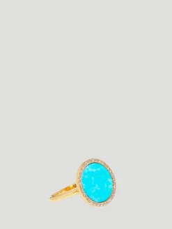 14k Yellow Gold with Turquoise Inlay & Diamond Perimeter Ring