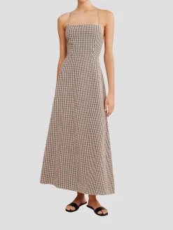 Lori Gingham Cross-Over Strap Midi Dress
