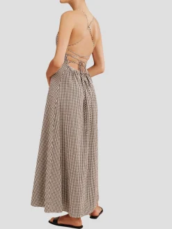 Lori Gingham Cross-Over Strap Midi Dress
