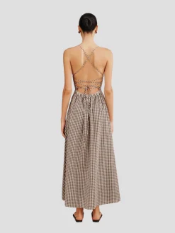 Lori Gingham Cross-Over Strap Midi Dress