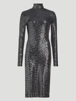 Metallic Jersey Midi Turtleneck Dress