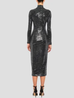 Metallic Jersey Midi Turtleneck Dress