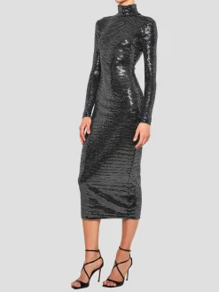 Metallic Jersey Midi Turtleneck Dress