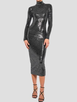 Metallic Jersey Midi Turtleneck Dress