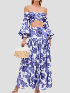 Napoli Floral Linen Skirt in Blue and White