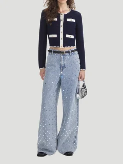 Navy Crochet Contrast-Trim Cardigan