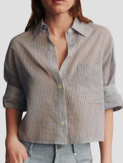 Next Ex Silk Cotton Cropped Shirt in Navy Stripe