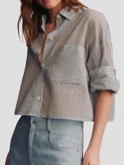 Next Ex Silk Cotton Cropped Shirt in Navy Stripe