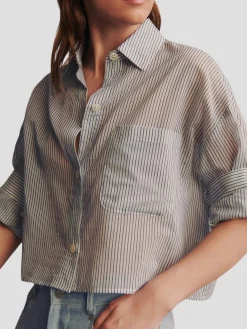 Next Ex Silk Cotton Cropped Shirt in Navy Stripe