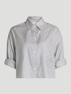 Next Ex Silk Voile Cropped Shirt in Indigo Metallic Stripes
