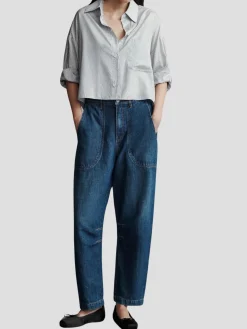 Next Ex Silk Voile Cropped Shirt in Indigo Metallic Stripes