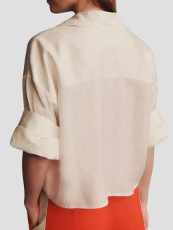 Next Ex Silk Voile Cropped Shirt in Gold Stripe