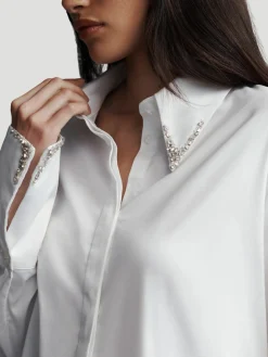 Object of Affection Stretch Satin Shirt with Crystal Collar in White