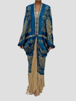 Ocean Blues Metallic Silk Lame Cocoon With Fringe and Vintage Blue Clasp