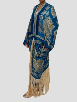 Ocean Blues Metallic Silk Lame Cocoon With Fringe and Vintage Blue Clasp
