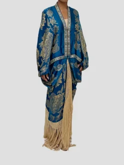 Ocean Blues Metallic Silk Lame Cocoon With Fringe and Vintage Blue Clasp
