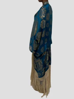 Ocean Blues Metallic Silk Lame Cocoon With Fringe and Vintage Blue Clasp