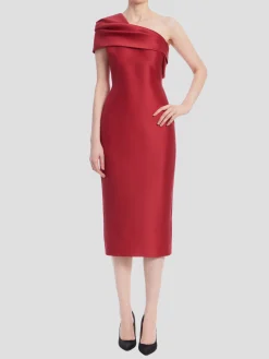 One Shoulder Fitted Midi Dress in Red
