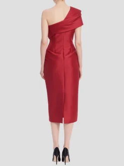 One Shoulder Fitted Midi Dress in Red