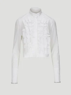 Patti Cotton Ruffle Shirt with Crystal-Embroidered Cuffs in White