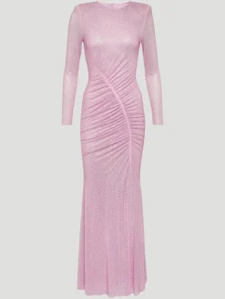 Pink Rhinestone Mesh Maxi Dress