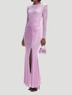 Pink Rhinestone Mesh Maxi Dress